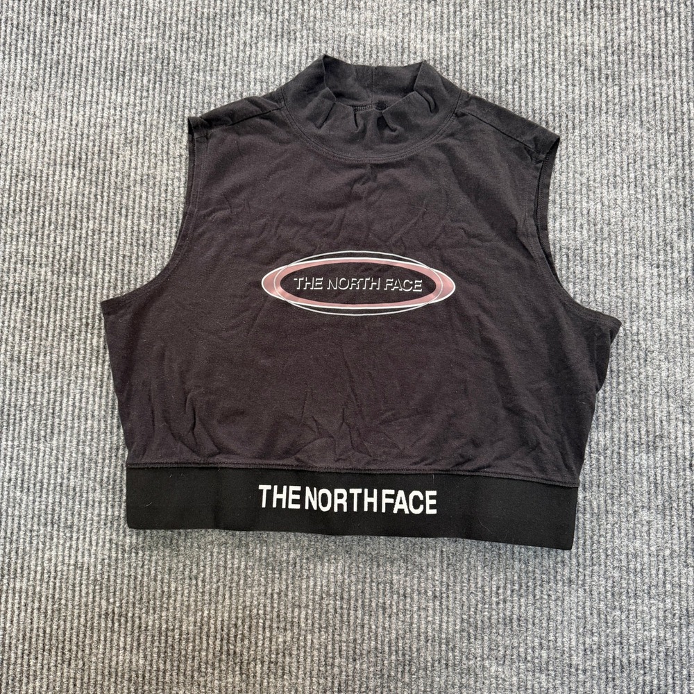 The North Face Womens Mock Neck Crop Top Sleeveless Black Graphic Logo